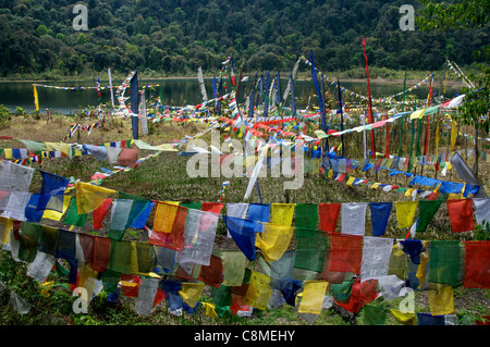 Un luogo di pellegrinaggio per gli induisti e buddisti bandiere di preghiera presso il lago di Khecheopalri Sikkim India Foto Stock