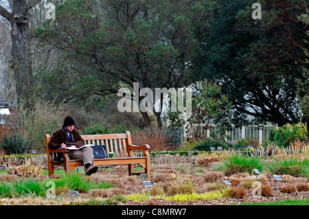 Uomo seduto rilassarsi rilassarsi leggere la lettura su un banco in primavera i giardini botanici a Dublino Foto Stock