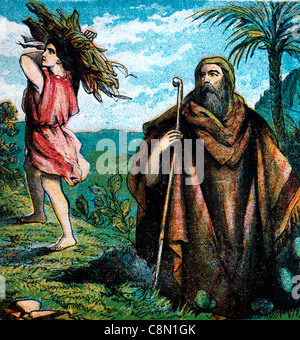 Le storie della Bibbia - Illustrazione Di Isacco che trasportano il legno fino alla montagna con Abramo Genesi xxii 1-19 Foto Stock