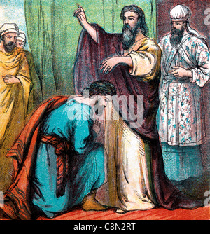 Storie bibliche- Illustrazione di Mosè che nomina Giosuè come suo successore Deut xxxi 7-21 Antico Testamento Foto Stock