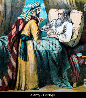 Le storie della Bibbia- illustrazione di Esaù tornando a Isacco dopo la caccia per trovare Giacobbe aveva ingannato il suo padre Foto Stock
