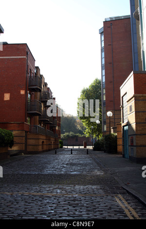 Vuoto strada di ciottoli con bitte in esecuzione tra 2 blocchi di appartamenti moderni Foto Stock