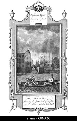 Giacomo II gettando il grande sigillo di Inghilterra nel Tamigi vicino a Whitehall barca a remi Foto Stock