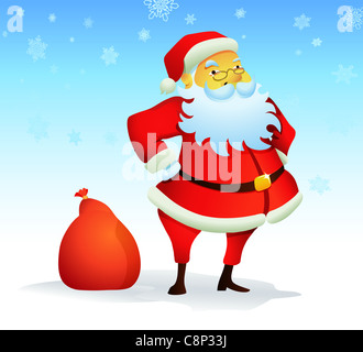 Immagine di sfondo di Natale con Babbo Natale e rosso borsa regalo Foto Stock