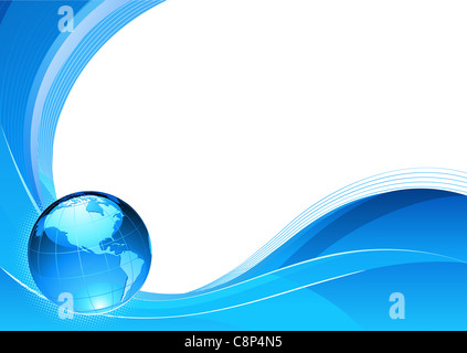 Illustrazione di blu di linee astratte sfondo, composizione di linee curve e globo. Foto Stock