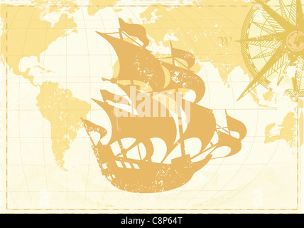 Illustrazione della parola Vintage mappa grunge sfondo con bussola retrò e silhouette di retro nave a vela Foto Stock