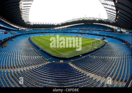 Il City of Manchester Stadium, noto anche come l'Etihad Stadium o Eastlands, casa di Manchester City Calcio Club Foto Stock