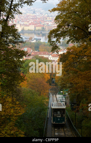 Funicolari, Petrin Hill in autunno, il castello di Praga, Repubblica Ceca Foto Stock