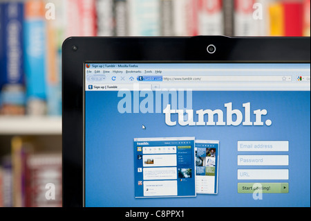 Il sito web di Tumblr sparato contro una libreria sullo sfondo (solo uso editoriale: -print, TV, e-book e Redazione sito web). Foto Stock