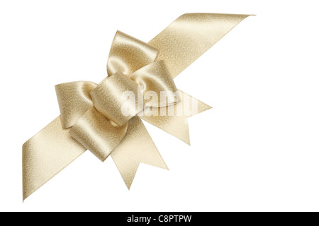 Golden ribbon bow isolato su bianco. Foto Stock