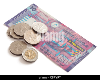 Hong Kong 10 Dollar delle banconote e delle monete Foto Stock