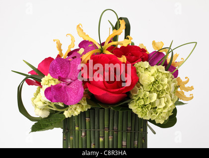 Un colorato bouquet di fiori in un vaso. Rose rosse, crema hydrangea, orchidea gialla [Laelia], orchidea viola [Vanda] Foto Stock