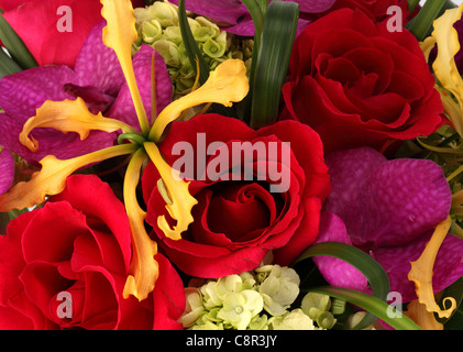 Un close-up di un colorato bouquet di fiori. Rose rosse, crema hydrangea, orchidea gialla [Laelia], orchidea viola [Vanda] Foto Stock