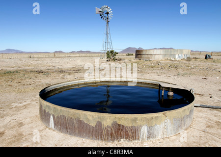 Mulino a vento utilizzati per pompare acqua su un West Texas Ranch durante una delle peggiori siccità sul record di questa parte dello stato. Foto Stock