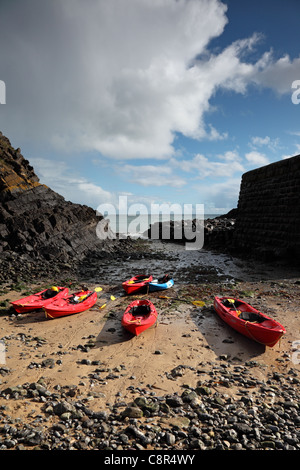 Canoe sulla spiaggia a Stackpole Quay Pembrokeshire Parco nazionale del Galles Cymru REGNO UNITO GB Foto Stock