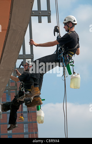 Accesso con cordami window cleaners presso la BBC's Quay House, MediaCityUK, Salford Quays, Manchester, Inghilterra, Regno Unito Foto Stock