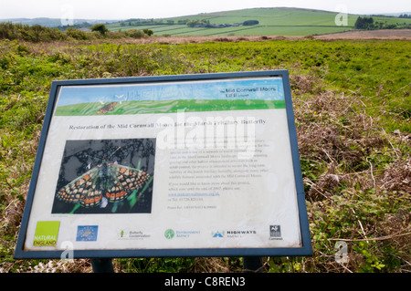 Un segno sulla Tregonetha Downs nella metà di Cornovaglia dettagli il restauro della zona di conservare il Marsh Fritillary Butterfly Foto Stock