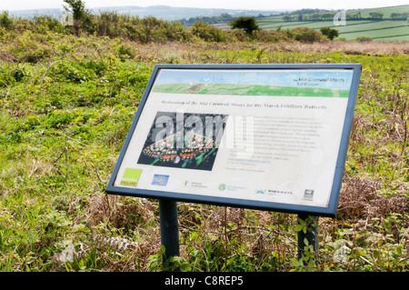 Un segno sulla Tregonetha Downs nella metà di Cornovaglia dettagli il restauro della zona di conservare il Marsh Fritillary Butterfly Foto Stock