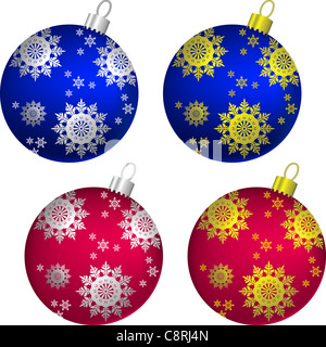 Set di blu e rosso brillante delle palle di Natale decorato con oro e argento fiocchi di neve, isolato su sfondo bianco Foto Stock