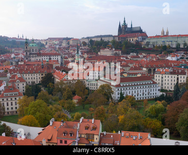 Ariel vista di Mala Strana Città Vecchia con il castello di Praga nella Repubblica Ceca Foto Stock