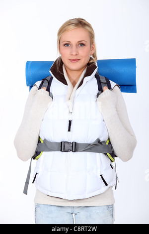 Blonde backpacker Foto Stock