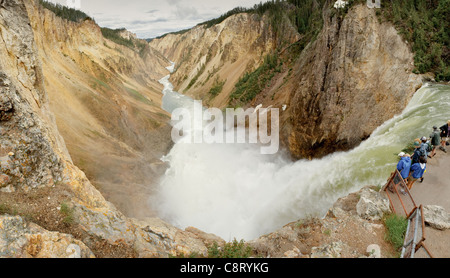 Parco Nazionale di Yellowstone un ampio panorama di cucito di turisti in soggezione come tonnellate di acqua cade nel Canyon di Yellowstone qui di seguito. Foto Stock