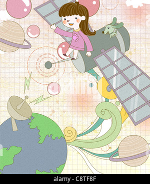 Ragazza sulla parabola satellitare Foto Stock