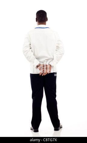 Vista posteriore di un Africano medico americano isolate su sfondo bianco Foto Stock