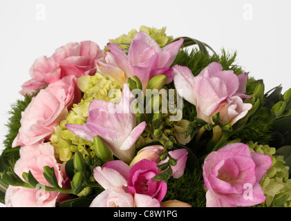 Un close-up di un colorato bouquet di fiori. Freesias rosa, verde ortensie Foto Stock