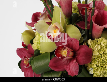 Un close-up di un colorato bouquet di fiori. Calla rosa gigli, il verde e il rosso orchidee cymbidium Foto Stock