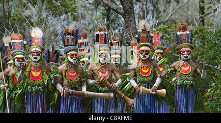 Gli artisti interpreti o esecutori tribali dal distretto di Anglimp in provincia Waghi Highlands Occidentali Papua Nuova Guinea Foto Stock