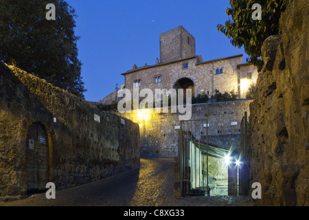 Vista notturna di Tuscania, una piccola città in Italia. Foto Stock