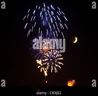 Fuochi d'artificio esplodere di fronte ad una falce di luna di notte. Foto Stock