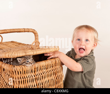 Bimbi giovane ragazzo sorpreso quando si gioca con i cuccioli in basket Foto Stock