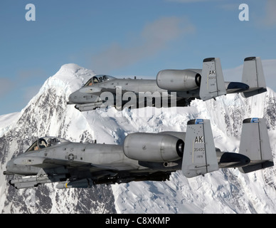 Due A-10 Thunderbolt IIS sorvolano il complesso Pacific Alaska Range nell'aprile 24 durante l'addestramento al fuoco. Gli A-10 provengono dal 355th Fighter Squadron della base dell'aeronautica di Eielson, Alaska. I membri del 355th FS sono incaricati di fornire missioni pronte A-10 e una capacità di ricerca e salvataggio, in Alaska e siti distribuiti in tutto il mondo. Foto Stock