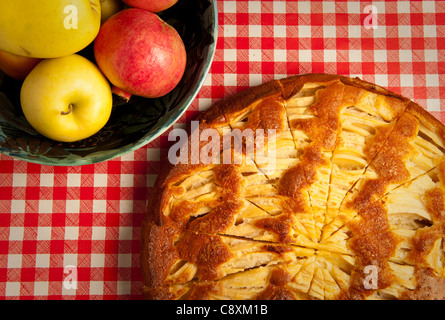 Tradizionale casa italiana ha fatto apple crostata su rosso e bianco a scacchi tovaglia, ciotola di mele Foto Stock