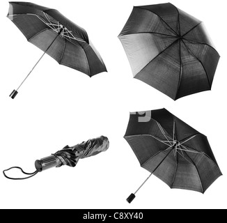 Aperto e chiuso ad ombrello nero isolate su sfondo bianco Foto Stock