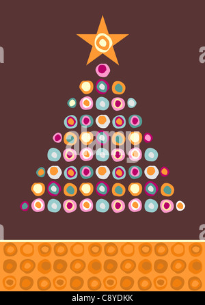 Albero di Natale fatto di cerchi multicolore con una stella in alto su sfondo viola. File vettoriale disponibile. Foto Stock