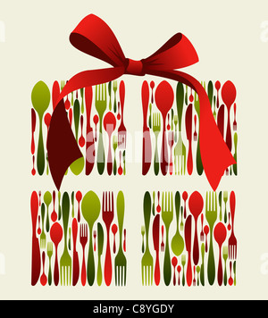 Regalo di natale di posate. Forchetta, cucchiaio e coltello di formazione di configurazione di una confezione regalo con un nastro sulla parte superiore. Utilizzabile come carta di invito. File vettoriale disponibile. Foto Stock