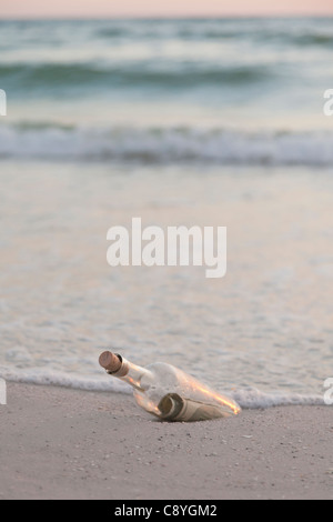 Stati Uniti d'America, Florida, San Pietroburgo, bottiglia con dollar banconota sulla spiaggia Foto Stock