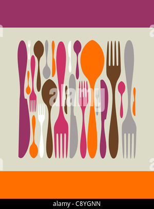 Square realizzato dalle posate icone. Forcella, un cucchiaio e un coltello sagome in diversi colori e dimensioni. Vettore disponibile. Foto Stock