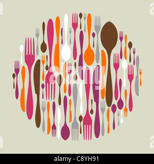 Forma di cerchio realizzato di posate le icone. Forcella, un cucchiaio e un coltello silhouette. Vettore disponibile Foto Stock