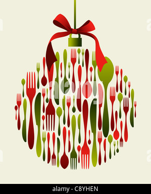 Pallina di natale posate. Forchetta, cucchiaio e coltello pattern in forma di pallina con un nastro sulla parte superiore. Utilizzabile come carta di invito. File vettoriale disponibile. Foto Stock