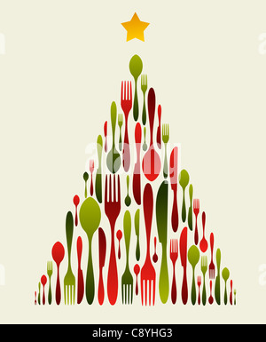 Albero di Natale di posate. Forchetta, cucchiaio e coltello motivo formante un albero di Natale con un brillante stella sulla parte superiore. Utilizzabile come carta di invito. Foto Stock