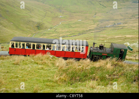 Ferrovia Snowdon, avvicinandosi alla stazione a metà strada in salita Foto Stock