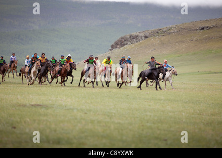 Bambino mongolo horse racing al Naadam festival di Tsagaannuur, Khövsgöl, Mongolia Foto Stock