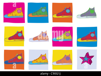 Modello realizzato di raffreddare disegnati a mano scarpe sportive in diversi colori. Foto Stock