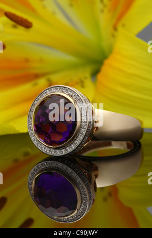 Anello d'oro con una grande gemma sulla superficie di mirroring e un grande giglio giallo su uno sfondo Foto Stock