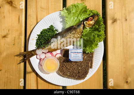 Tradizionali di Bornholm aringa affumicata pasto, Bornholm, Danimarca, Europa Foto Stock