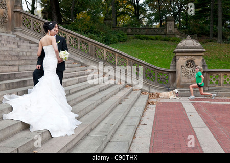 Asian sposi su una scala che posano per una foto di donne giovani facendo il suo esercizi accanto al suo cane il Central Park di New York ci Foto Stock